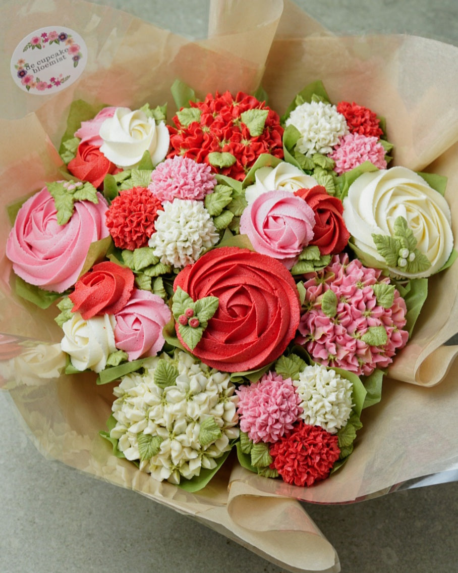 cupcakeboeket - swirl roses & hydrangea
